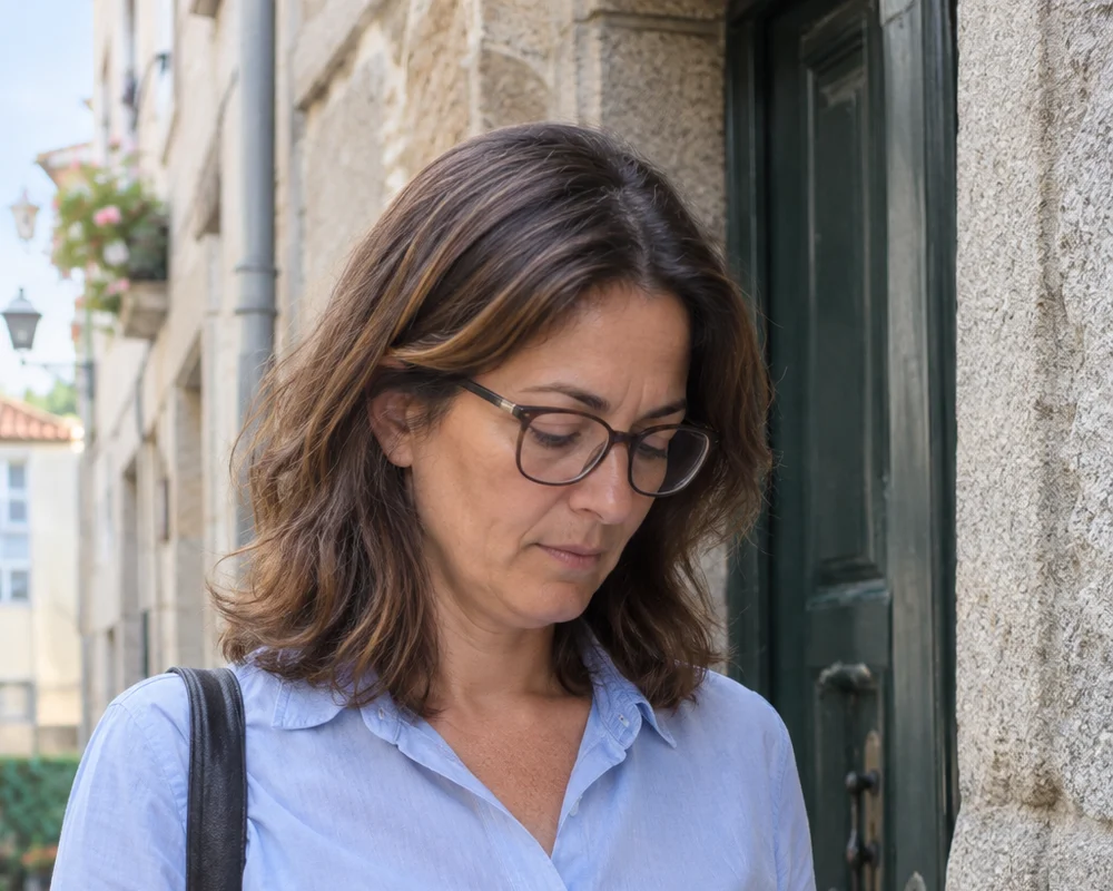 Helena, dona do clube, de óculos e camisa azul, a tomar notas à porta do prédio
