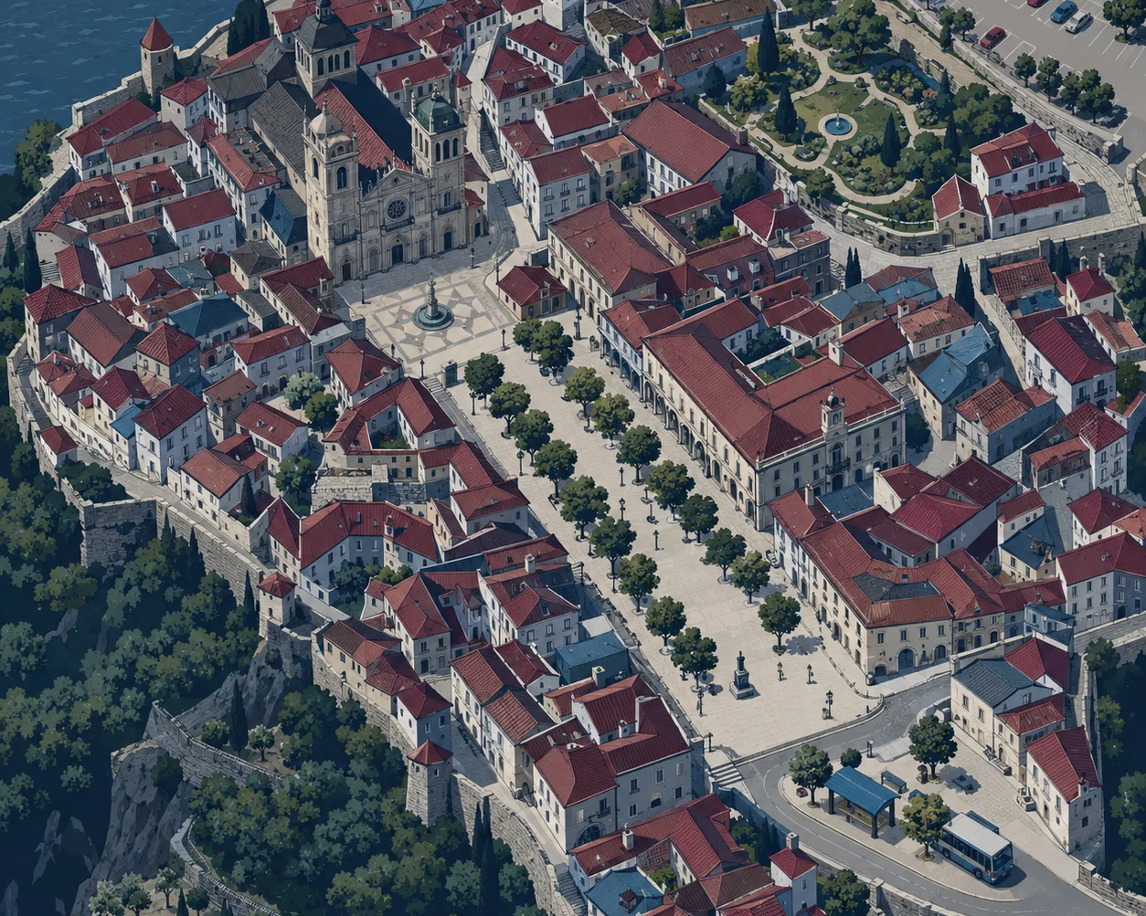 Ilustração do centro histórico de Viseu visto de cima, com a Sé, o Rossio e as ruas à volta